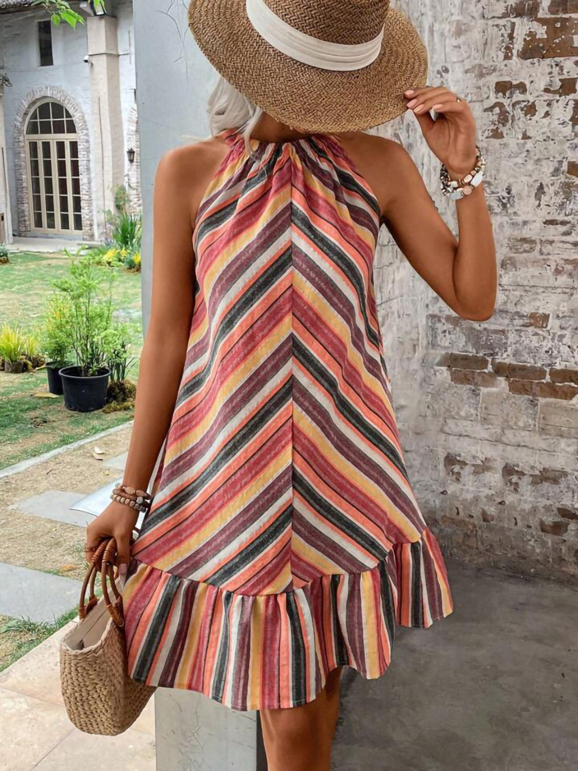 Striped Halter Knee-Length Neck Dress