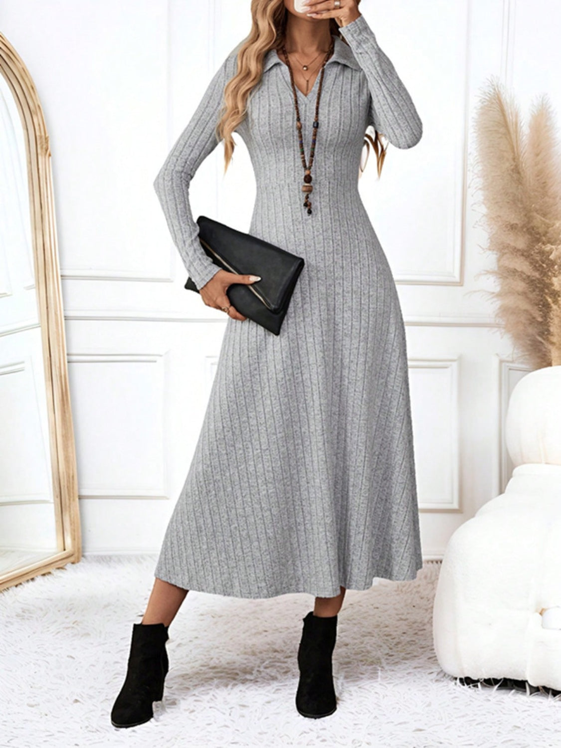 Collar V-Neck Long Sleeve Sweater Dress