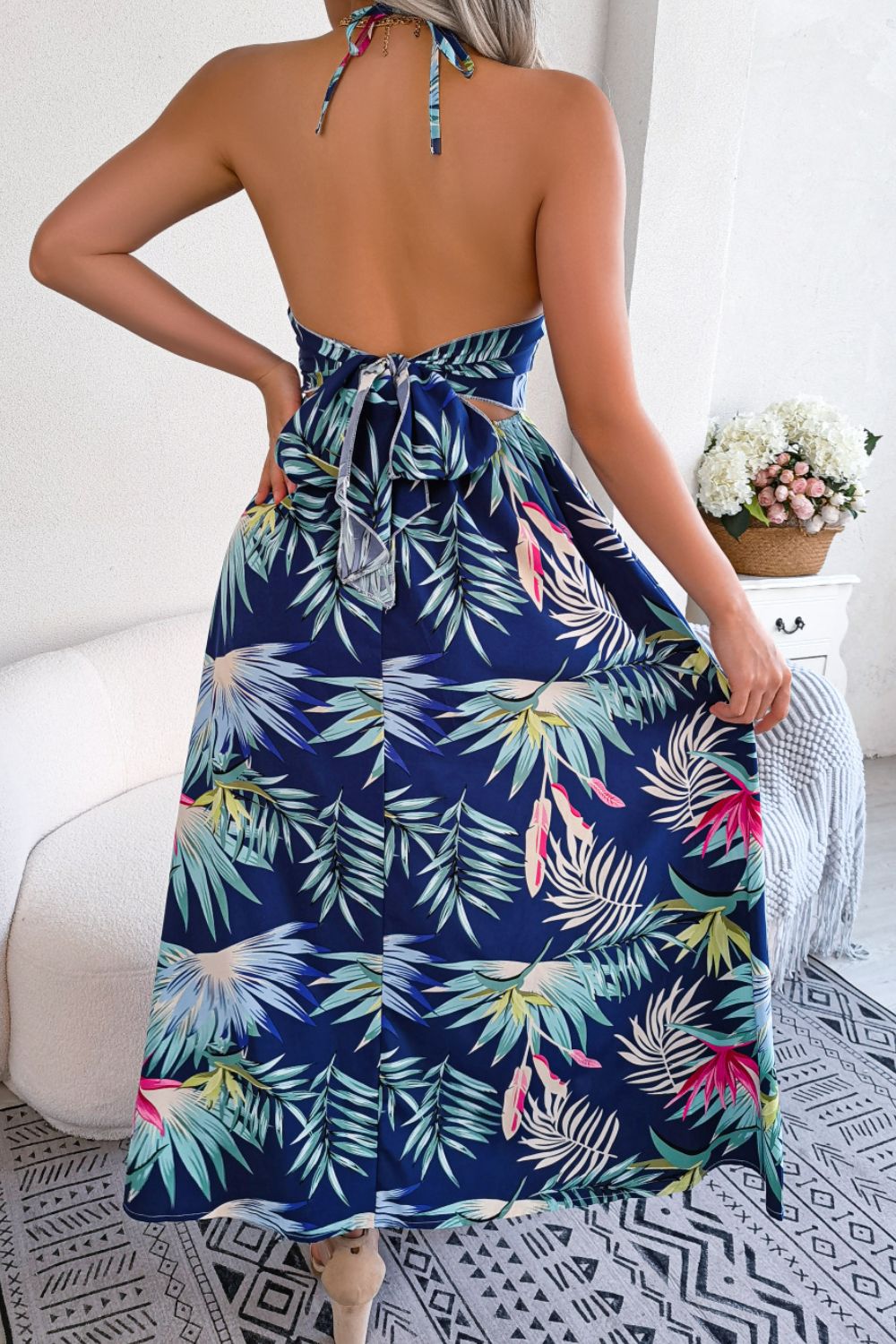 Botanical Print Backless split Dress