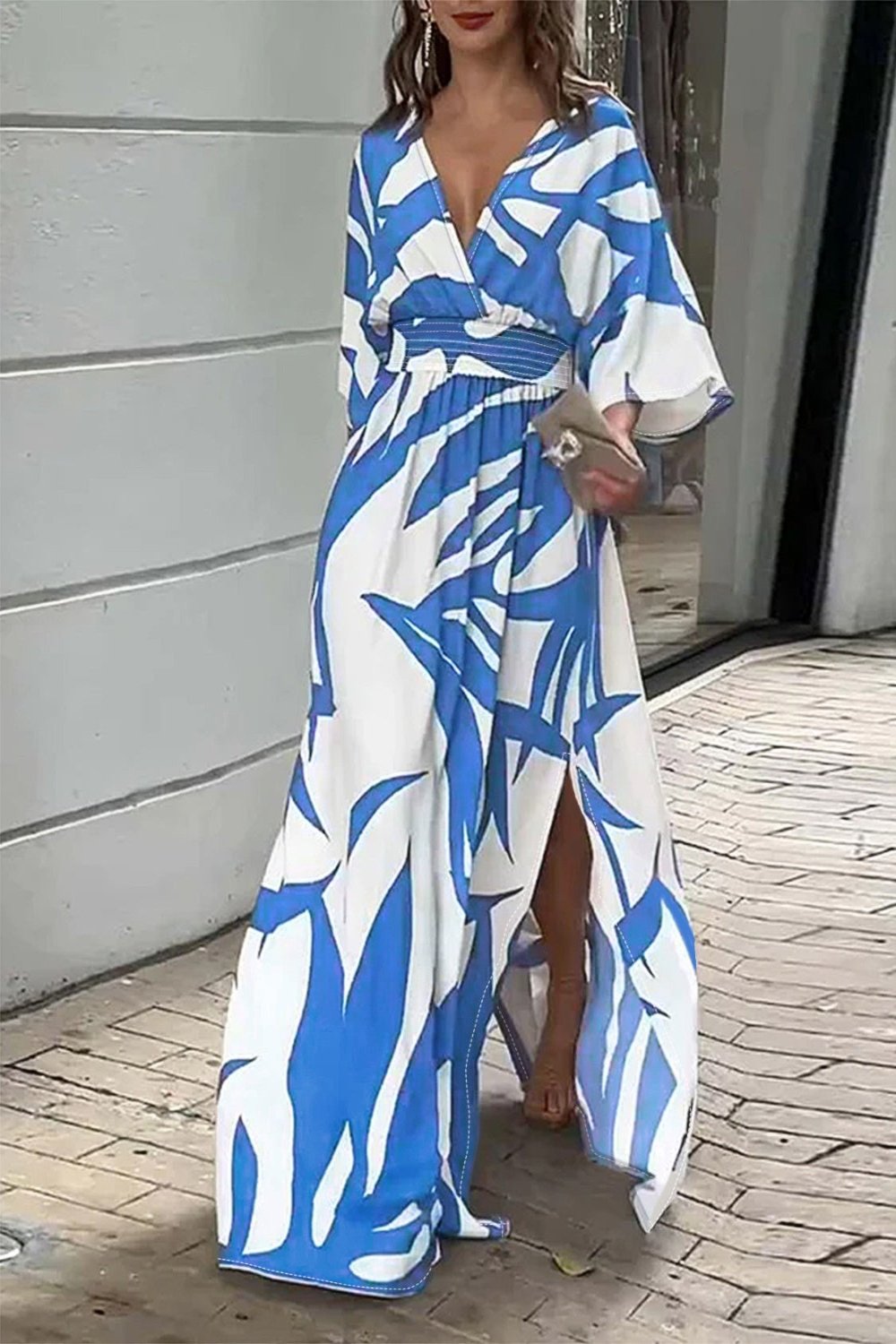 Printed long sleeve slit dress