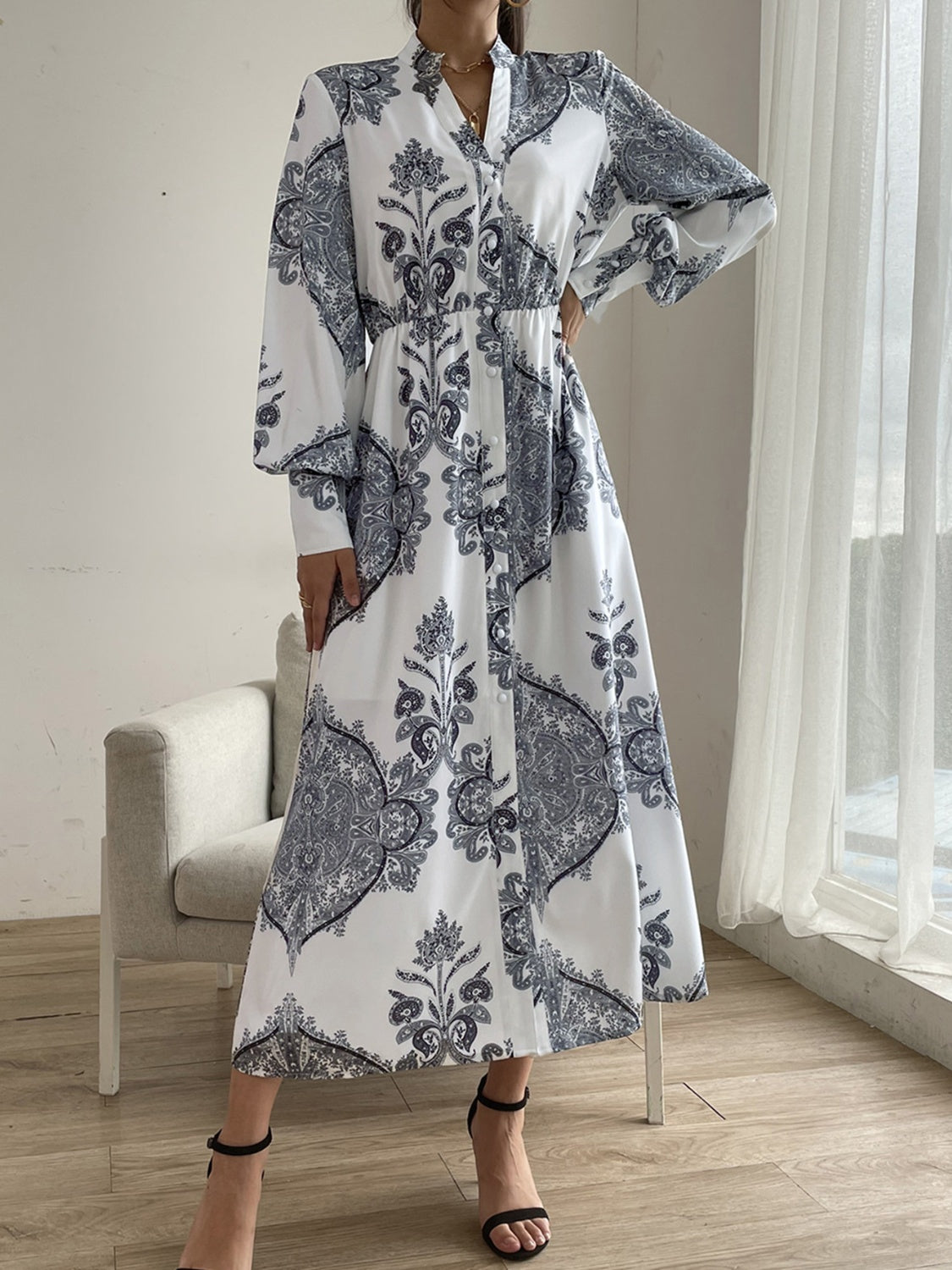 Printed Notched Long Sleeve Lantern Sleeve Midi Dress