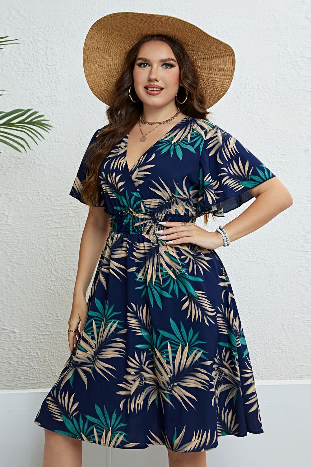 Tropical Print Flutter Sleeve Smocked Waist Dress