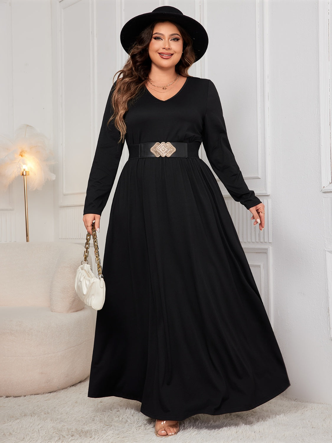 Plus Size Cutout Back V-Neck Long Sleeve Maxi Dress