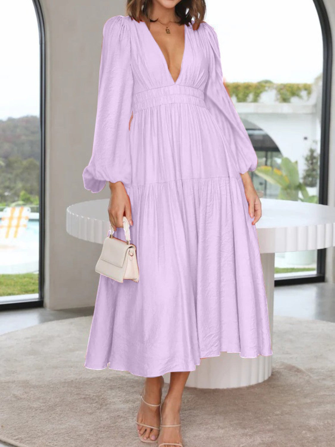 Balloon Sleeve Deep V-Neck Maxi Dress