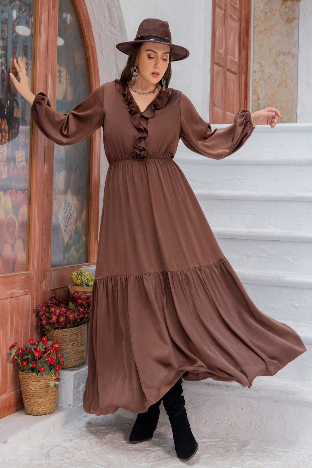 Ruffled trim long sleeve plus size dress