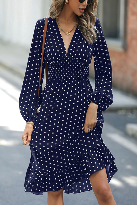 Long sleeve polka dot v neck dress