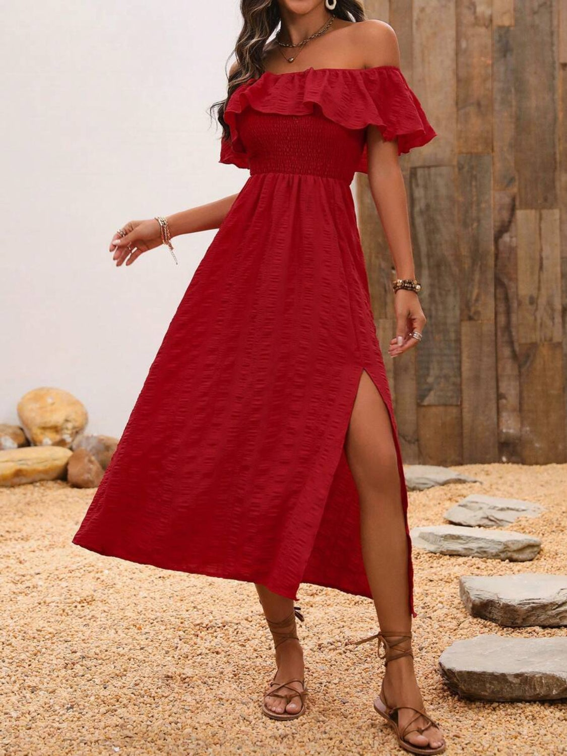 Off-Shoulder Short Sleeve Midi Dress