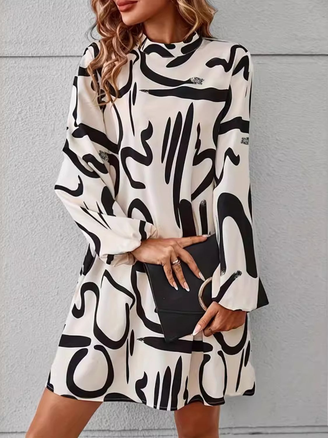 Printed Mock Neck Long Sleeve Dress