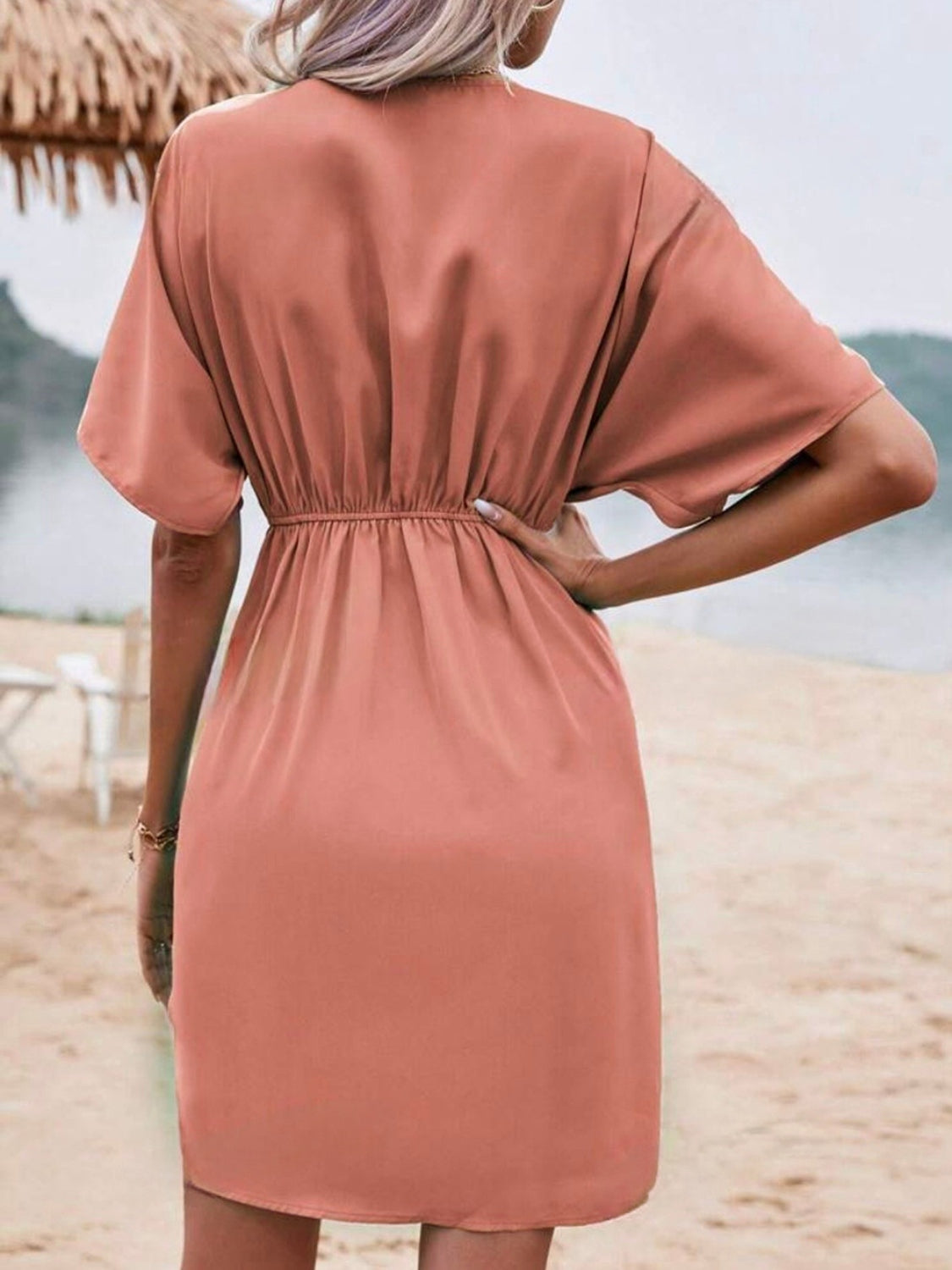 Plunging Neckline Short Sleeve Mini Dress