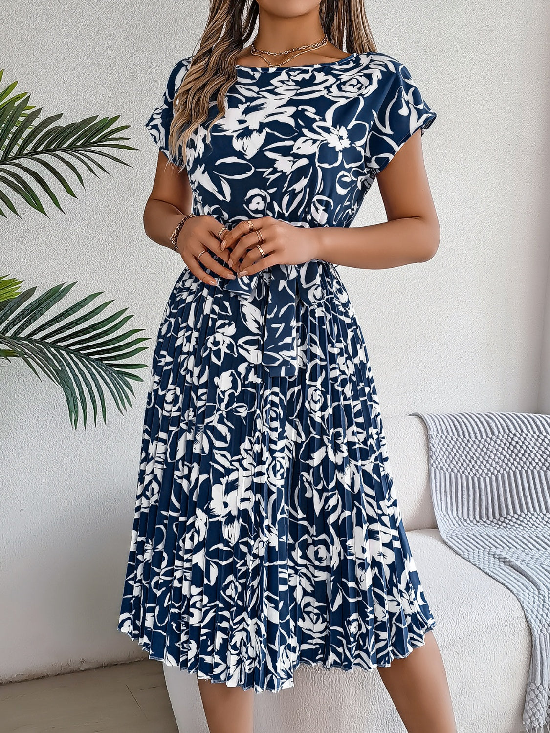 Tied Pleated Floral Printed Short Sleeve Dress