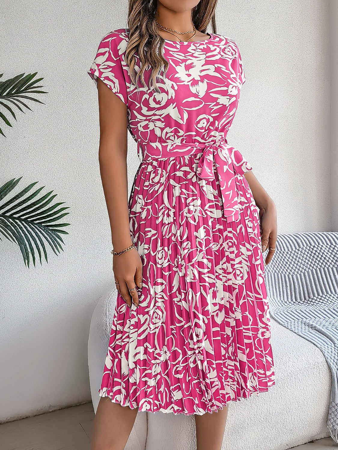 Tied Pleated Floral Printed Short Sleeve Dress