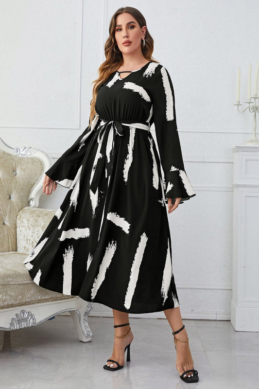 Plus Size Printed Tie Belt Round Neck Midi Dress