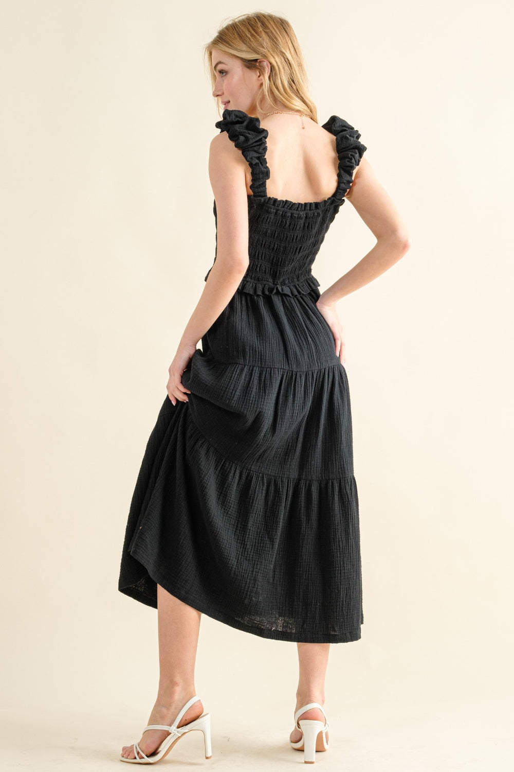 Black Smocked Ruffled Tiered Dress