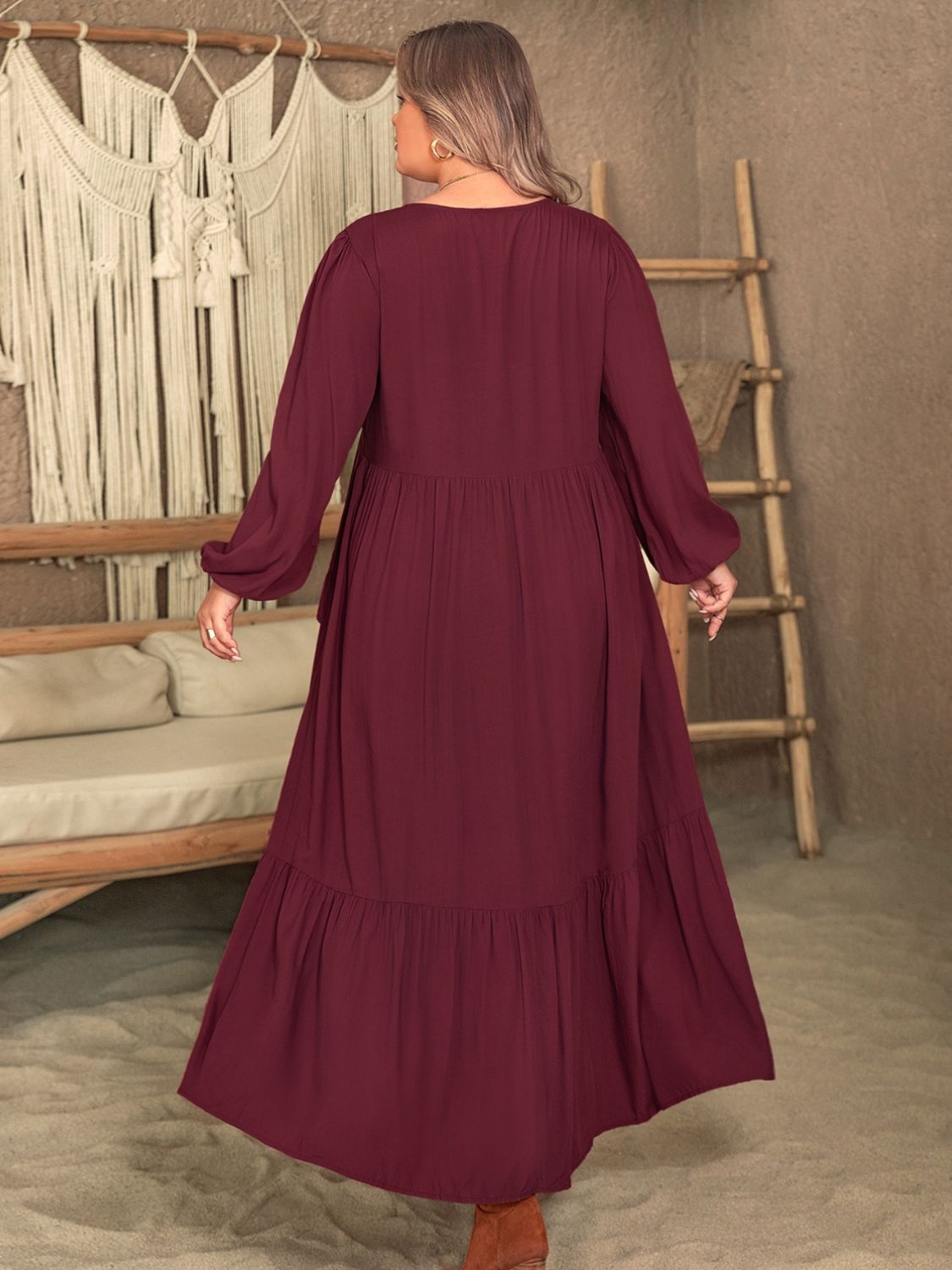 Plus Size Ruffled V-Neck Long Sleeve Maxi Dress