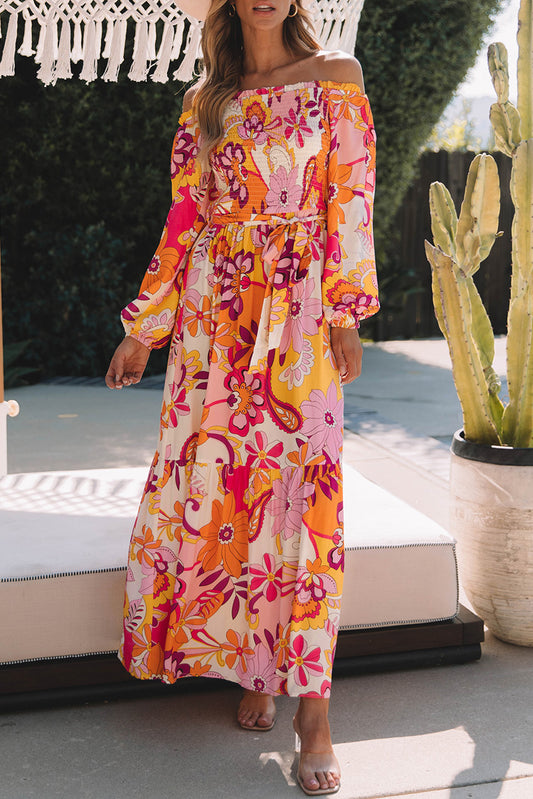 Tropical Print Off-Shoulder Maxi Dress