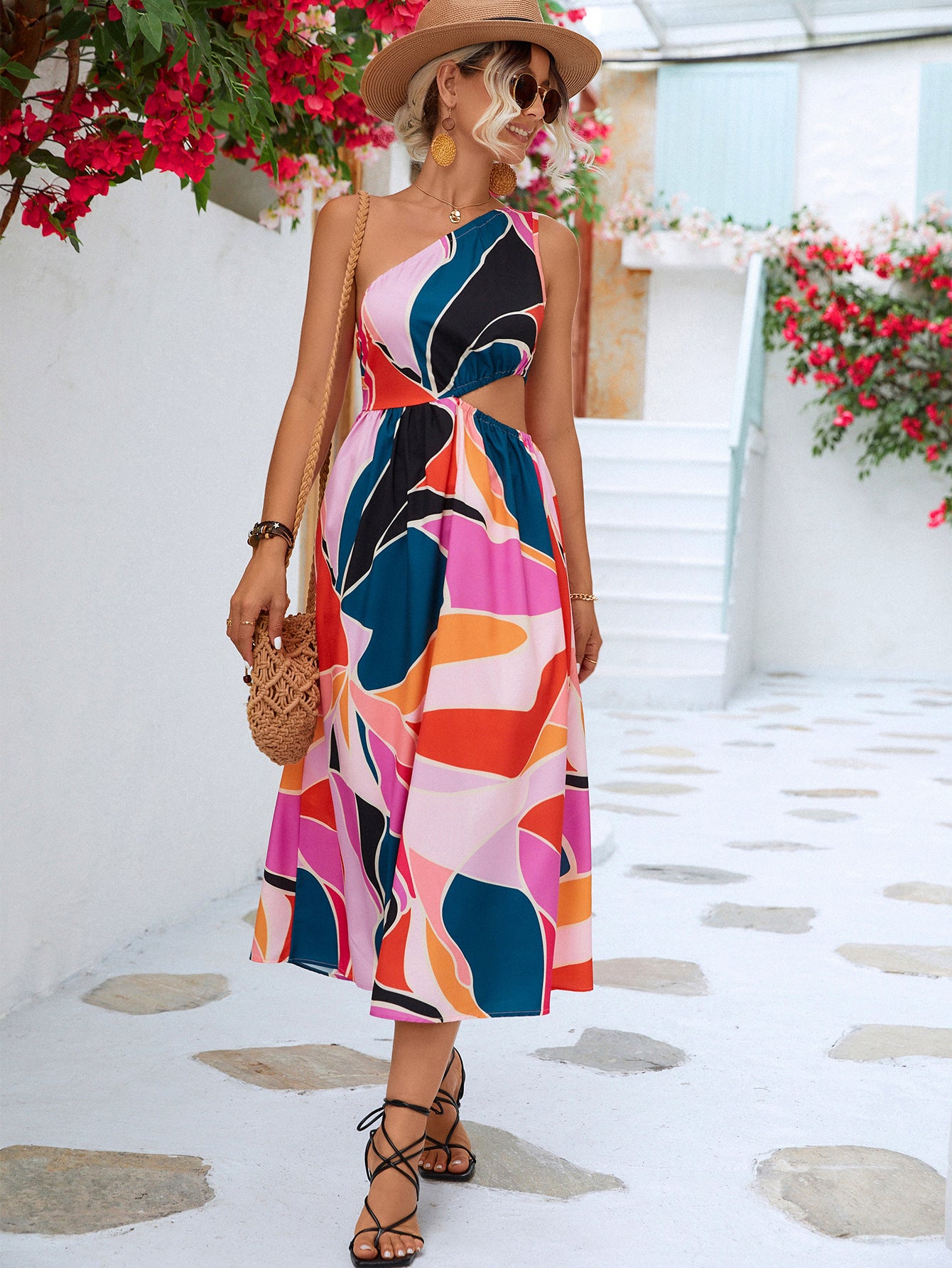 Printed One-Shoulder Sleeveless Cutout Dress