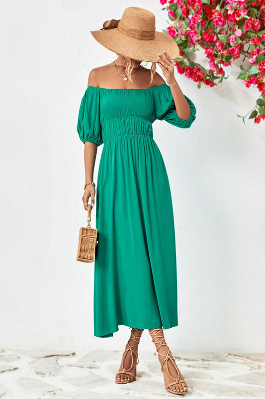 Chic Off-Shoulder Balloon Sleeve Midi Dress