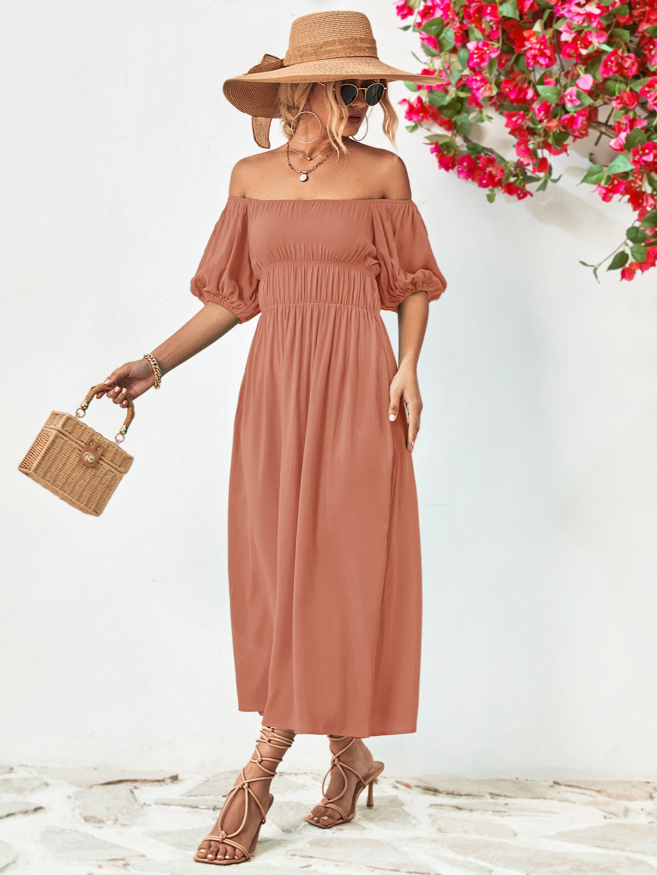 Chic Off-Shoulder Balloon Sleeve Midi Dress