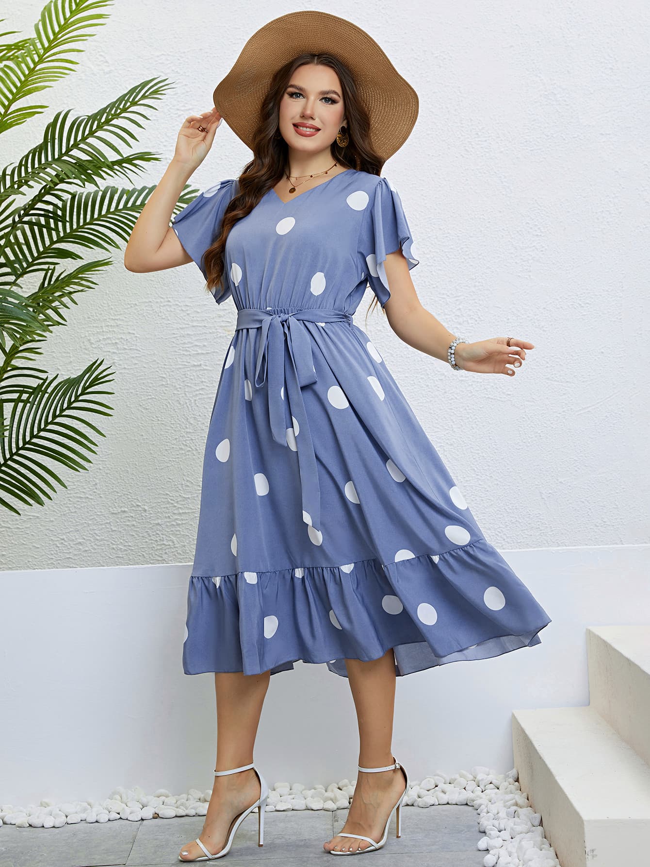 Polka Dot Belted Flutter Sleeve Ruffle Dress