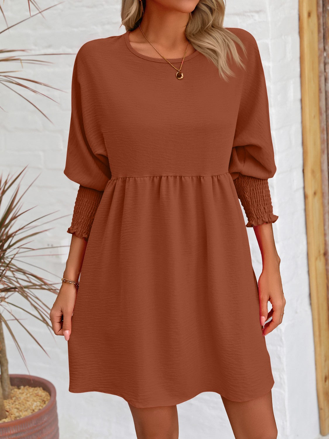 Lantern Sleeve Round Neck Mini Dress