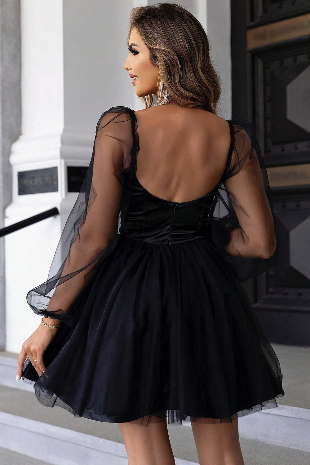 Sweetheart Neck Sheer Sleeve Mini Dress